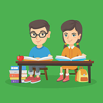 男孩,女孩,坐,桌子,读,孩子,白人,愉悦,学生,读书,微笑,学习,家庭作业