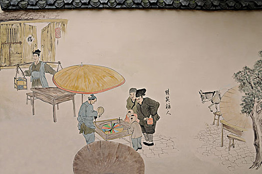 磁器口古镇磁正街民俗文化长廊壁画,猜奖糖人