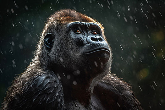 尼日利亚边境科罗斯河畔热带丛林雨中的银背大猩猩