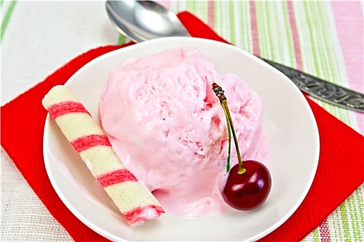 冰淇淋,樱桃,红色,餐巾纸,勺子
