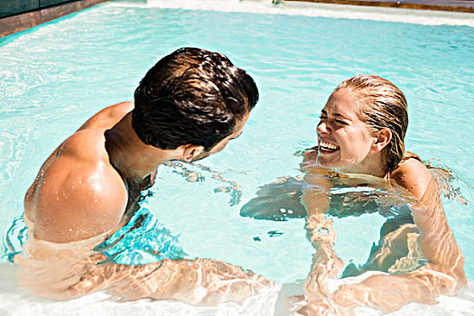 幸福伴侣,笑,游泳池,晴天