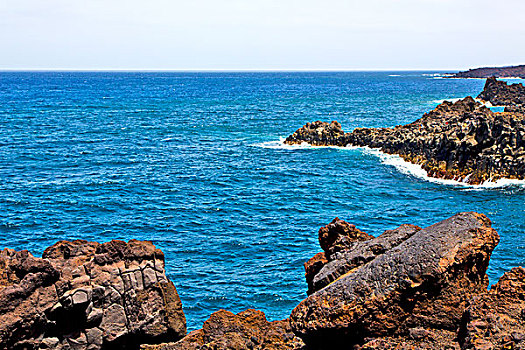 褐色,石头,白色海岸,兰索罗特岛,西班牙,海滩,水,夏天