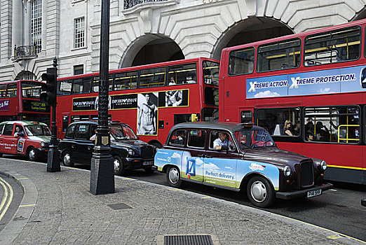 英格兰,伦敦,三个,传统,出租车,红色,巴士,优雅,维多利亚时代风格,建筑,背景