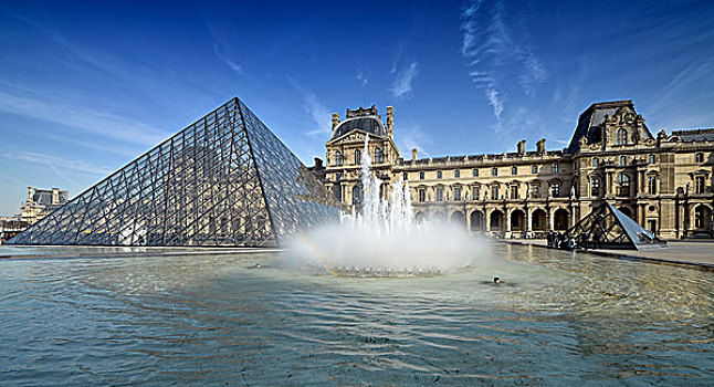 喷泉,正面,入口,金字塔,卢浮宫,设计,建筑师,贝聿铭作品,巴黎,法兰西岛,法国,欧洲