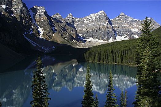 反射,山峦,水中,十峰谷,冰碛湖,班芙国家公园,艾伯塔省,加拿大