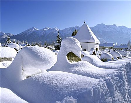 积雪,墓碑,冬天,墓地,上巴伐利亚,巴伐利亚,德国