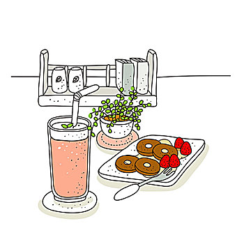 插画,甜甜圈,果汁,架子
