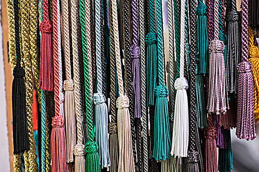 摩洛哥,玛拉喀什,线,流苏,局部,丝绸,纱线,毛织品