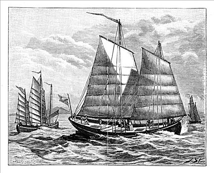 中国,船,广东,河,19世纪
