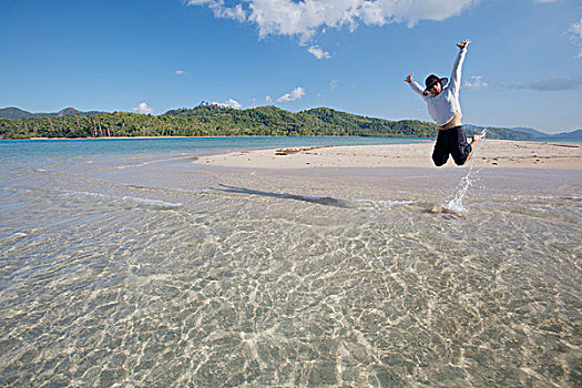 男人,跳跃,高处,热带,水,巴拉望岛,菲律宾