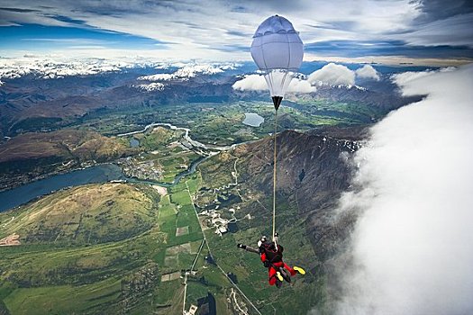 一前一后,高空跳伞,俯视,壮观,皇后镇,南岛,新西兰
