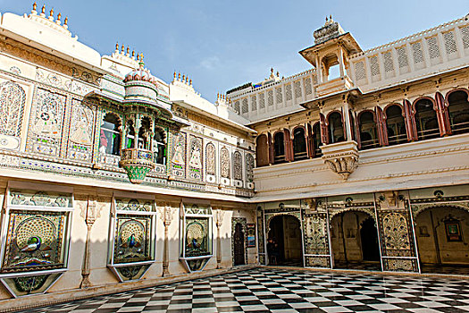 院落,城市,宫殿,乌代浦尔,拉贾斯坦邦,印度,亚洲