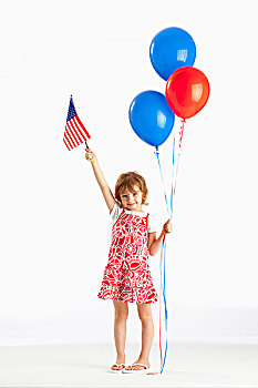 女孩,拿着,红色,蓝色,气球,美国国旗,三个,山,艾伯塔省,加拿大
