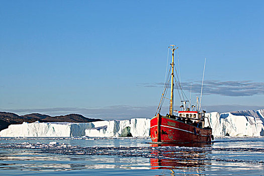 格陵兰,伊路利萨特,传统,渔船,旅游,使用,冰山,雅各布港,夏天,子夜太阳