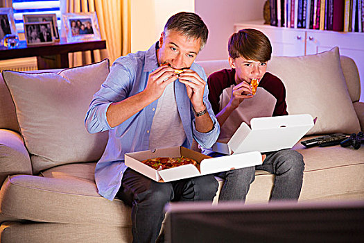 父子,吃,比萨饼,看电视,客厅