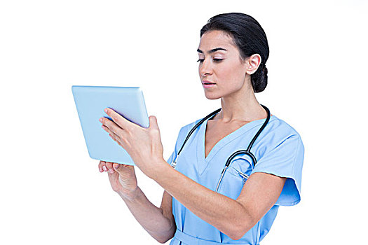 年轻,医护人员,蓝色,长套衫,笔记本电脑,药片,白色背景