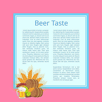 啤酒,味道,海报,桶,食物,粉色背景,矢量,插画,木质,炸香肠,切肉刀,大杯,绿色,蹦跳,穗,小麦