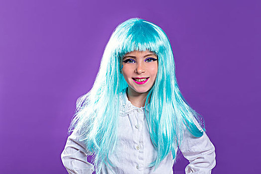 孩子,女孩,蓝绿色,假长发,紫色