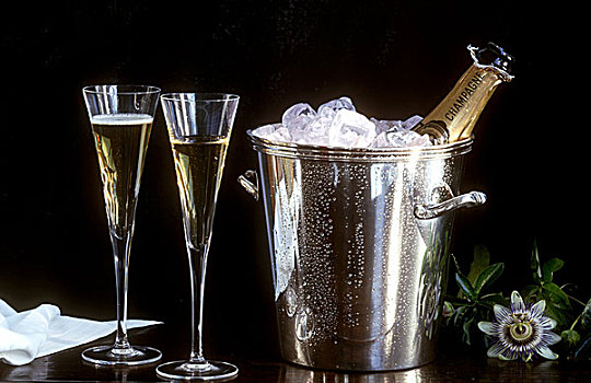 两个,玻璃杯,香槟,冰,冰酒器,瓶子