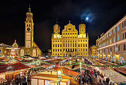 圣诞市场,塔,市政厅,夜晚,奥格斯堡,斯瓦比亚,巴伐利亚,德国,欧洲