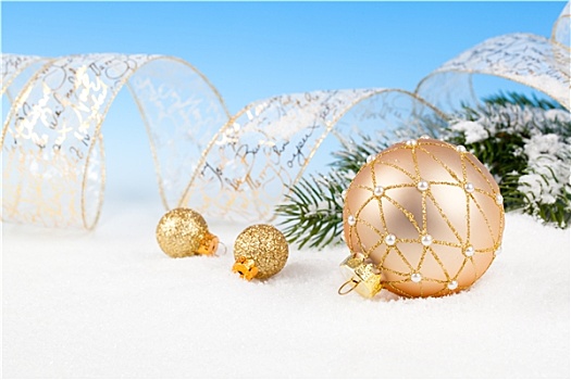圣诞节,彩球,丝带,雪,蓝色背景,背景