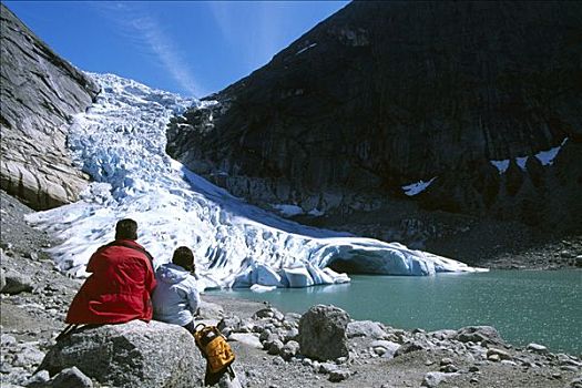 游客,看,舌头,斯特达尔布林冰川,冰河,挪威,斯堪的纳维亚,欧洲