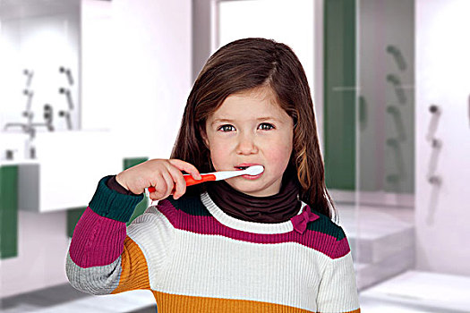漂亮,小女孩,刷牙