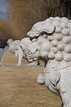 中国,北京,长陵,神道,十三陵,神,街道,14世纪,明代,墓地,华丽,雕刻,雕塑,神话,狮子,生物,世界遗产