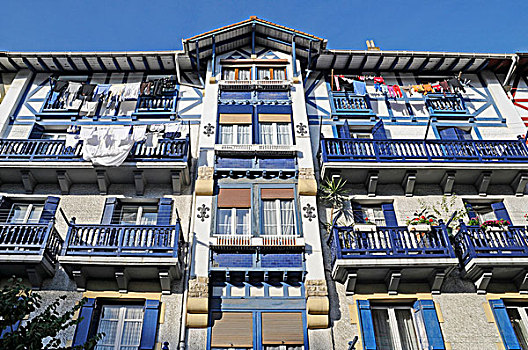 彩色,建筑,蓝色,百叶窗,露台,捕鱼,区域,海滨城镇,巴斯克,西班牙,欧洲