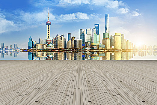 地砖路面和上海陆家嘴摩天大楼天际线
