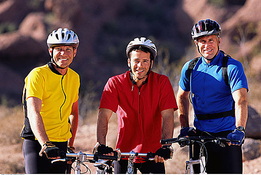肖像,三个男人,山地自行车