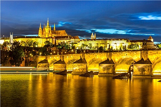 黄昏,风景,桥,塔,查理大桥,布拉格城堡,捷克共和国