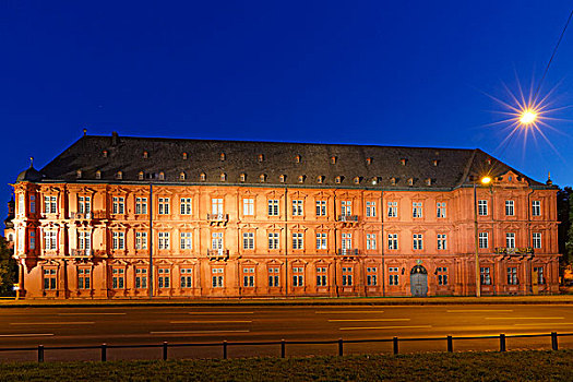宫殿,晚上,美因茨,莱茵兰普法尔茨州,德国,欧洲