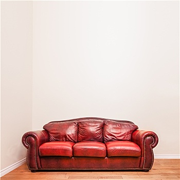 豪华,红色,皮沙发,正面,留白,墙壁