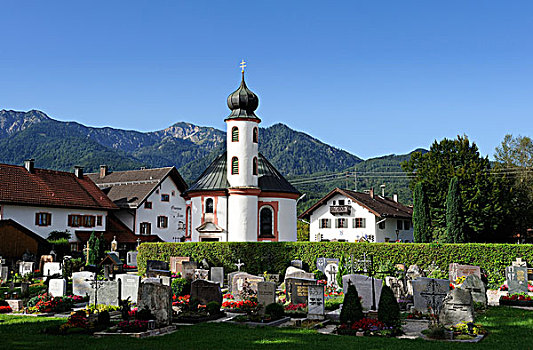 小教堂,墓地,湖,巴伐利亚,德国,欧洲