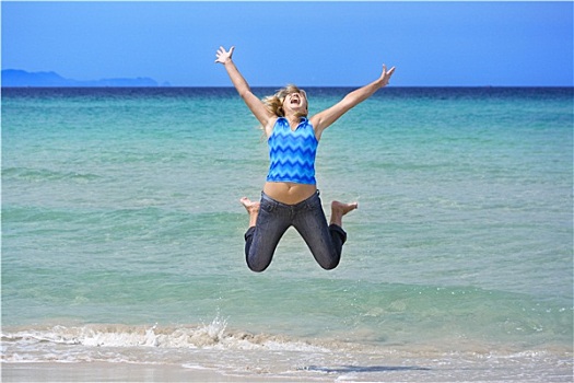 女人,跳跃,海滩