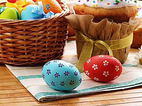 复活节,装饰,蛋,蛋糕,篮子,桌面