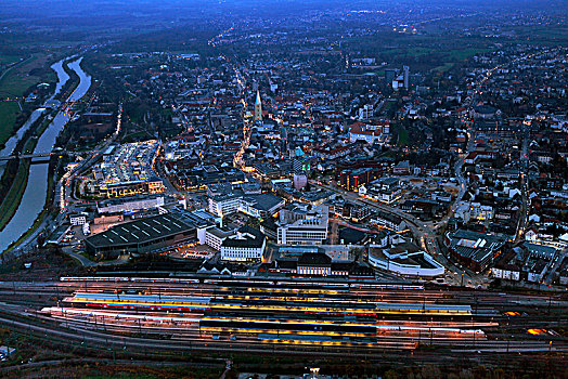 航拍,夜晚,中央车站,哈姆,夜景,鲁尔区,北莱茵威斯特伐利亚,德国,欧洲