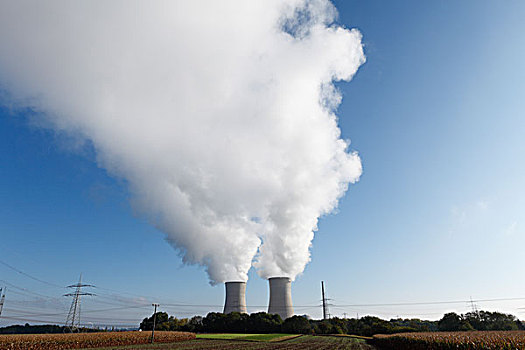 云,蒸汽,冷却塔,核电站,靠近,弗兰克尼亚,巴伐利亚,德国,欧洲