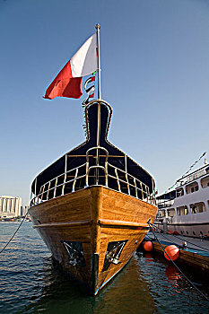 阿联酋,迪拜,迪拜河,船首,木质,游艇,停泊,码头区