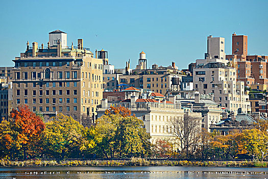 中央公园,曼哈顿,东方,奢华,建筑,上方,湖,秋天,纽约