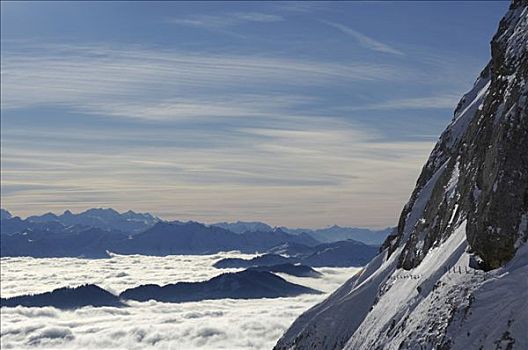 山,皮拉图斯,上方,中心,阿尔卑斯山,海洋,雾,瑞士,欧洲
