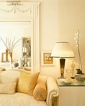 软垫,沙发,边桌,灯,正面,大,镜子