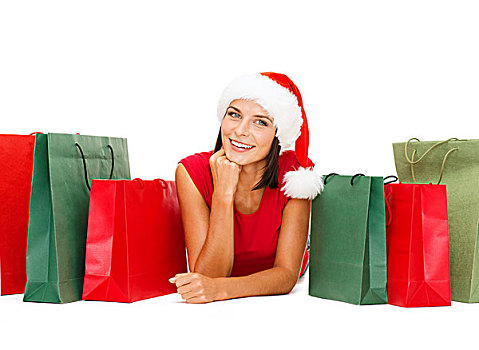 购物,销售,礼物,圣诞节,圣诞,概念,微笑,女人,红色,衬衫,圣诞老人,帽子,购物袋