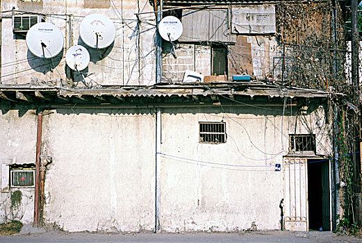 贫民窟,住所,后街,中心,多哈,十一月,2009年,装饰,四个,卫星天线,电视,活力,家,亚洲,劳动者
