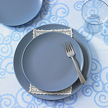 餐具摆放,蓝色,盘子,叉子,风景,俯视