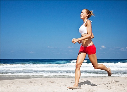 健康,女人,跑,海滩