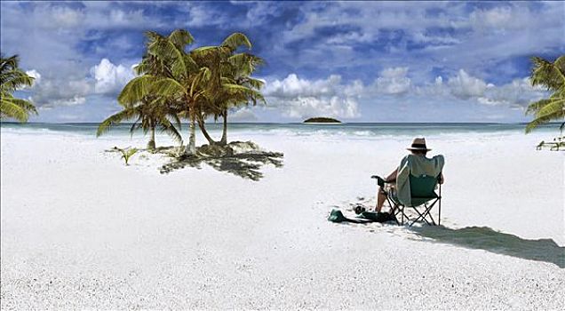 男人,戴着,遮阳帽,坐,椅子,海滩,加勒比海,墨西哥,北美