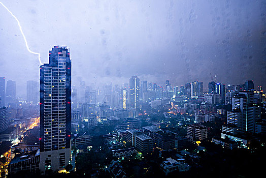 曼谷,城市,闪电,风暴