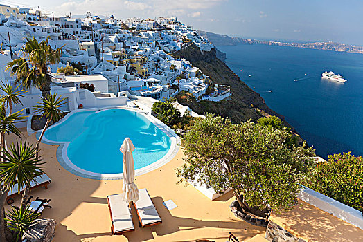 俯拍,传统,刷白,房子,游泳池,希腊,岛屿,船,地中海,远景